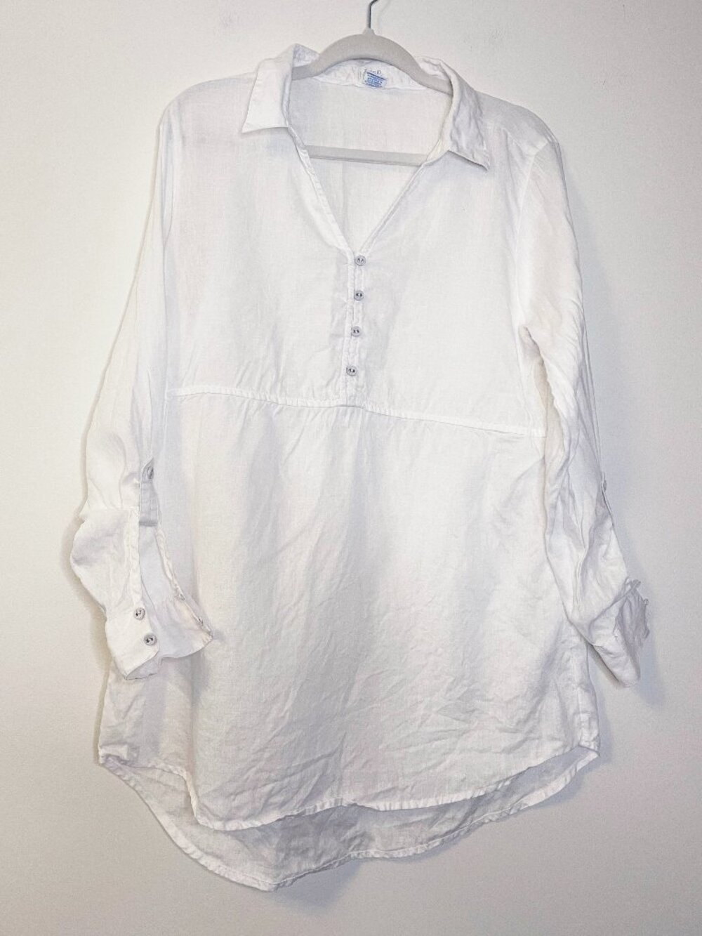 Sigrid Olsen 100% Linen White Popover Button Front Blouse Medium Resortwear